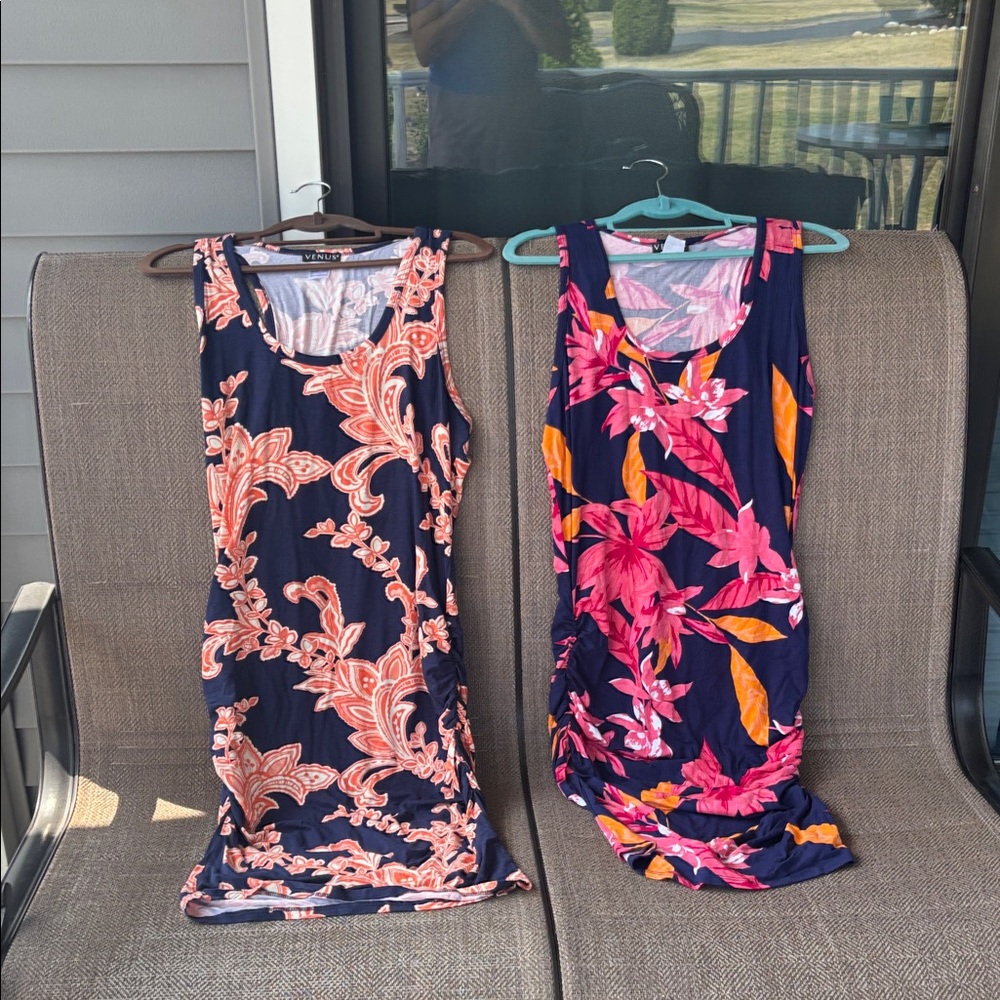 2 VENUS Floral Midi Dresses Ruched at hips-Sz L